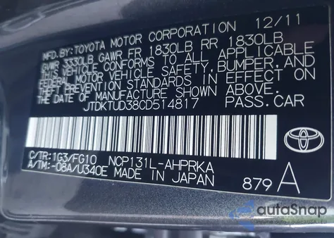 2012 Toyota Yaris Le from USA, damaged, VIN JTDKTUD38CD514817